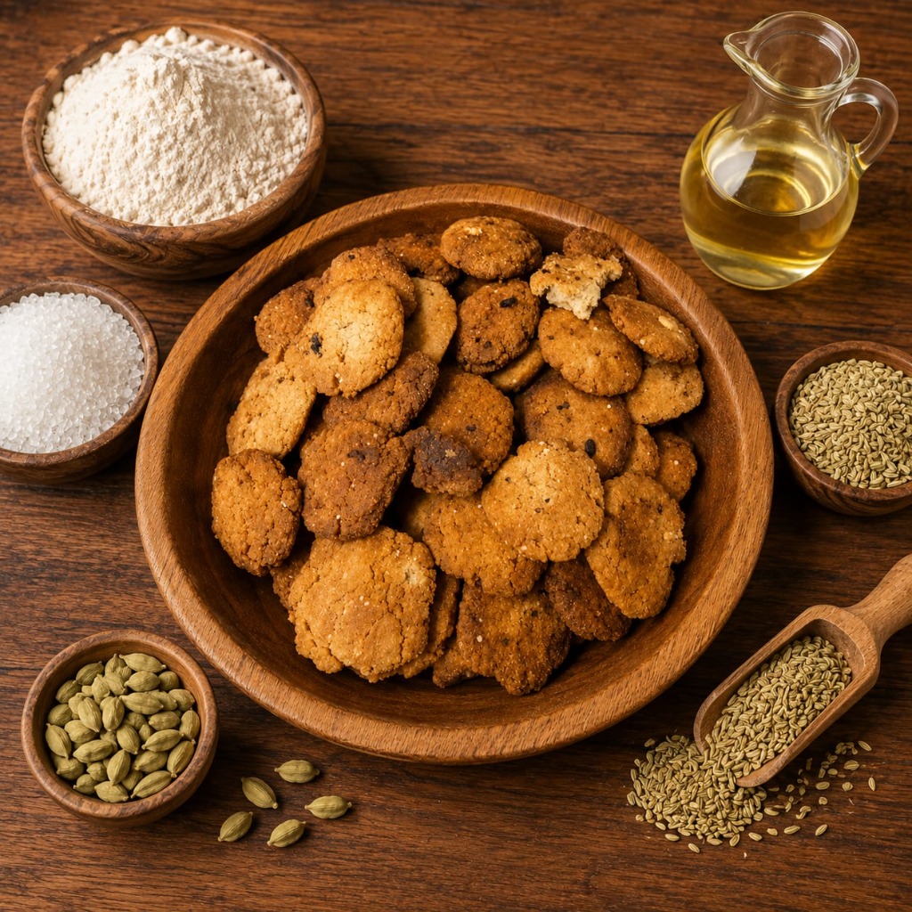 Plate of authentic golden crispy thekua made with organic jaggery and desi ghee